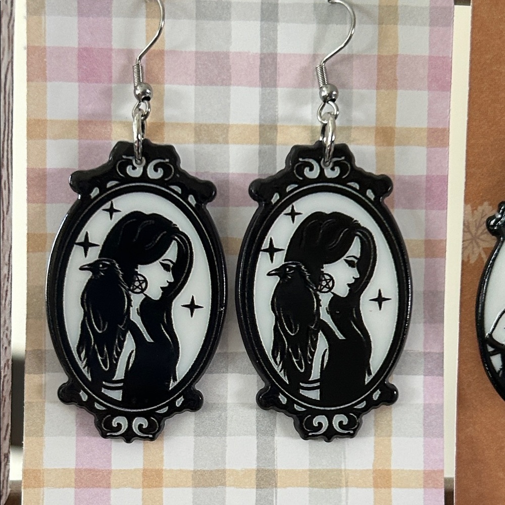 Black and White Witch & Crow Earrings